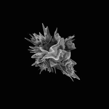 Intricate black and white abstract art with a striking modern design on a black background.